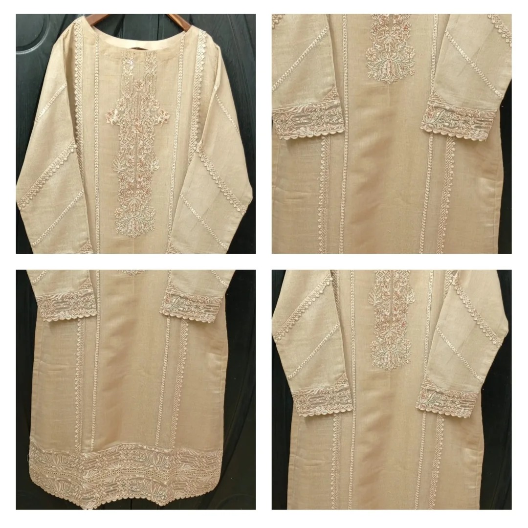 light peach-pinkish embroidered shirt exudes elegance and grace